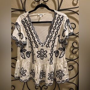 Express Women's Cream and Black Embroidered Blouse